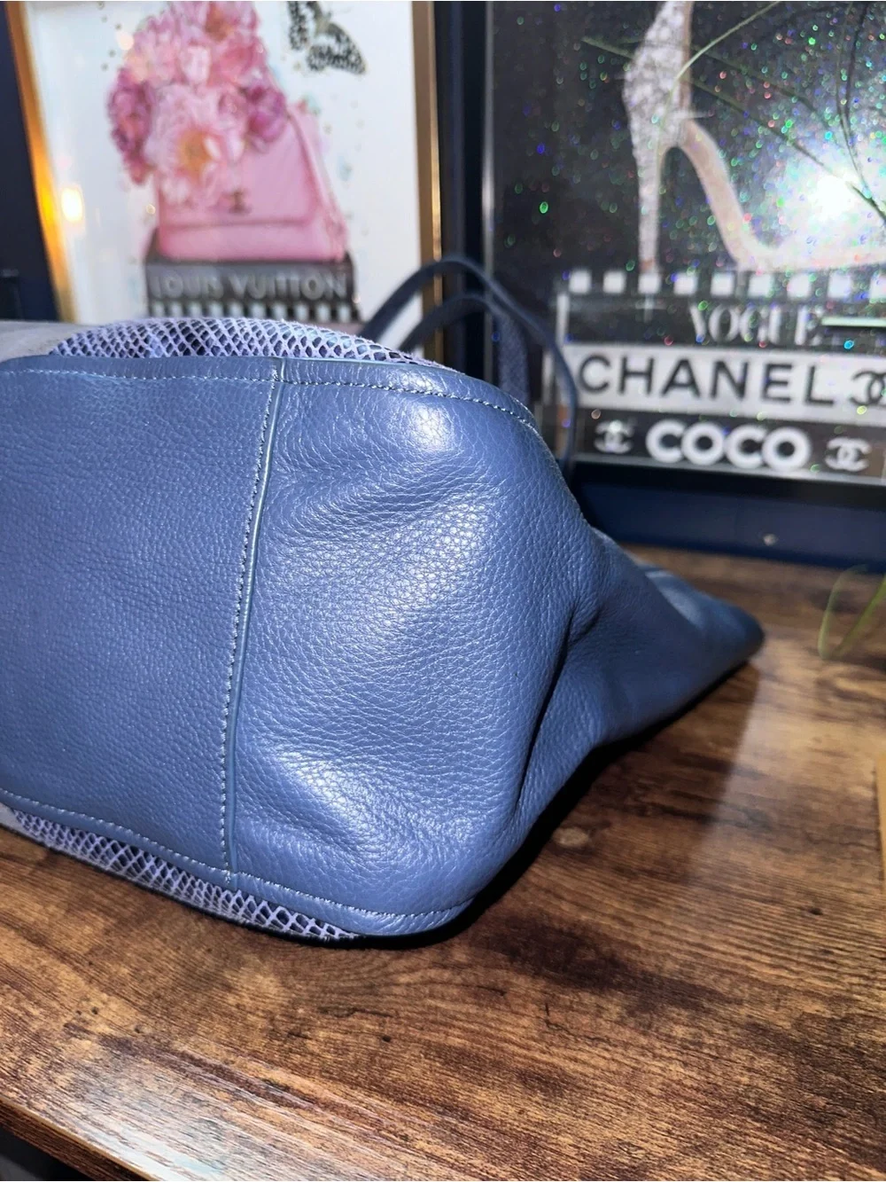 Tory Burch Chevron Color-Block Tote Blue Suede Pebbled Leather